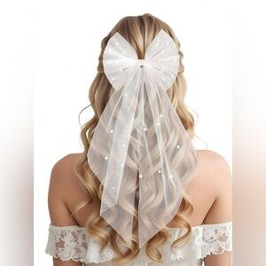 White sheer wedding bow with pearls